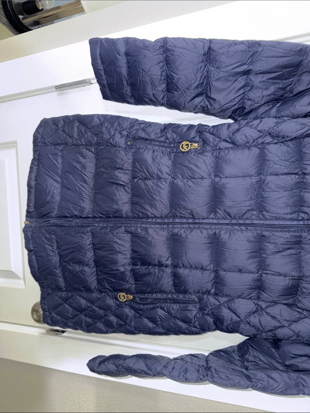 Michael Kors Packable Navy Quilted Hooded Puffer Jacket with Gold Accents
